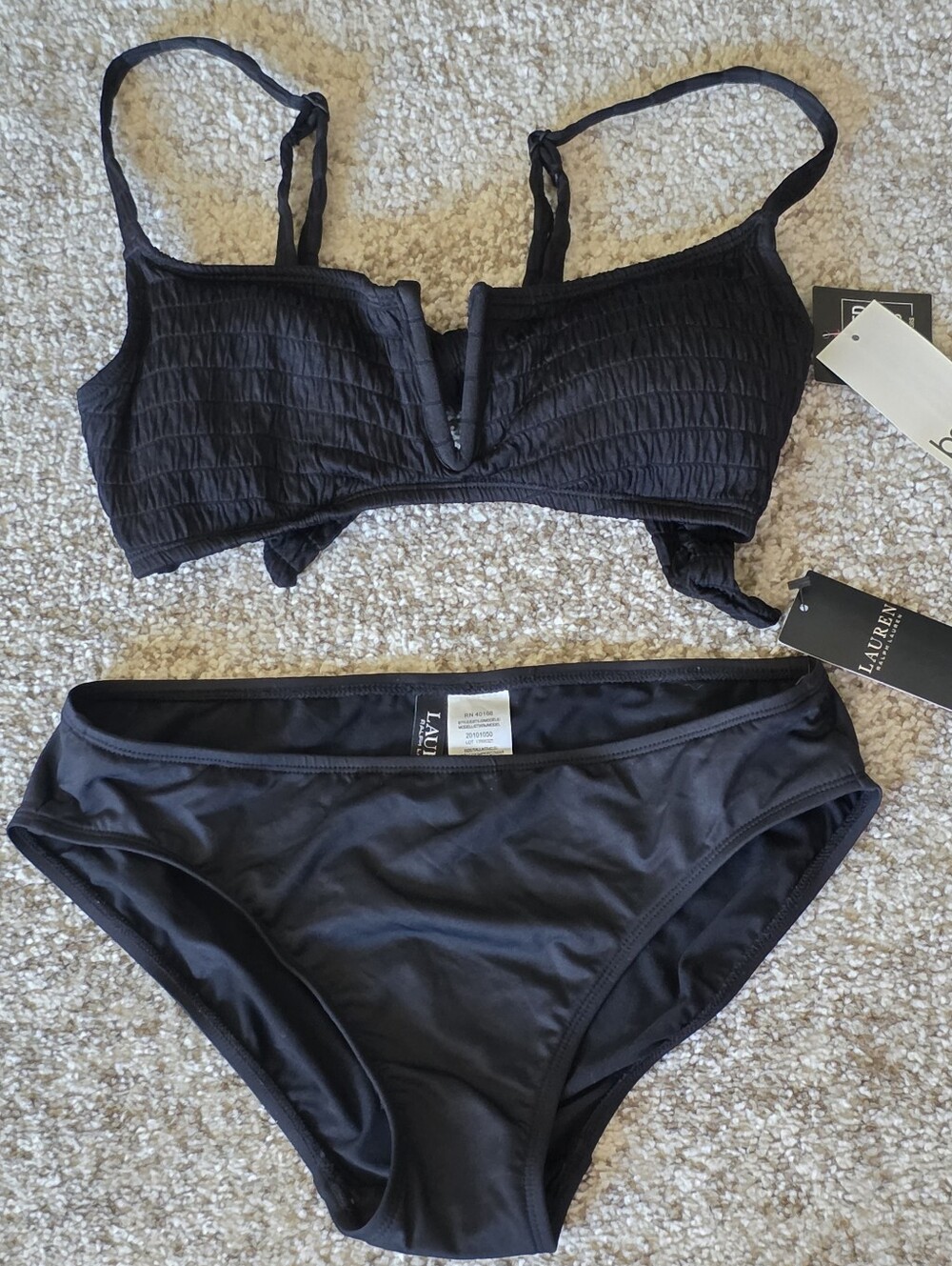 NWT Ralph Lauren Bottoms 4 Bar III Pucker Up V-Wire Bralette Bikini Top Black S